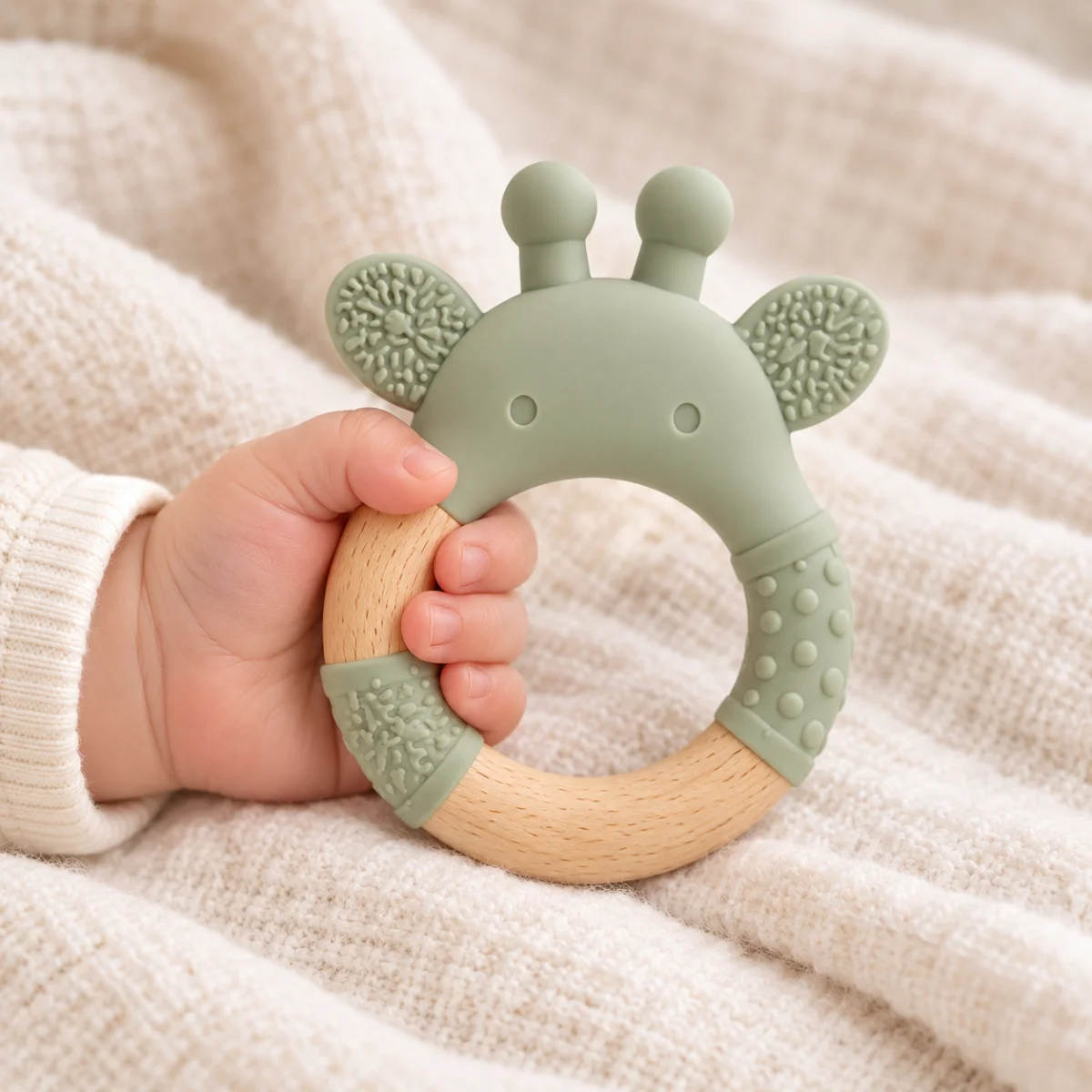 Willow & Wonder - Giraffe Silicone and Wood Teether Ring, photo 4